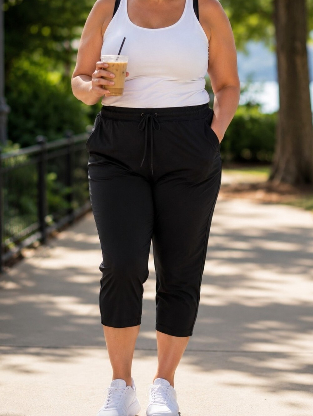 Yogalicious Plus Size Black Cropped Active Pants Drawstring Stretch Athleisure